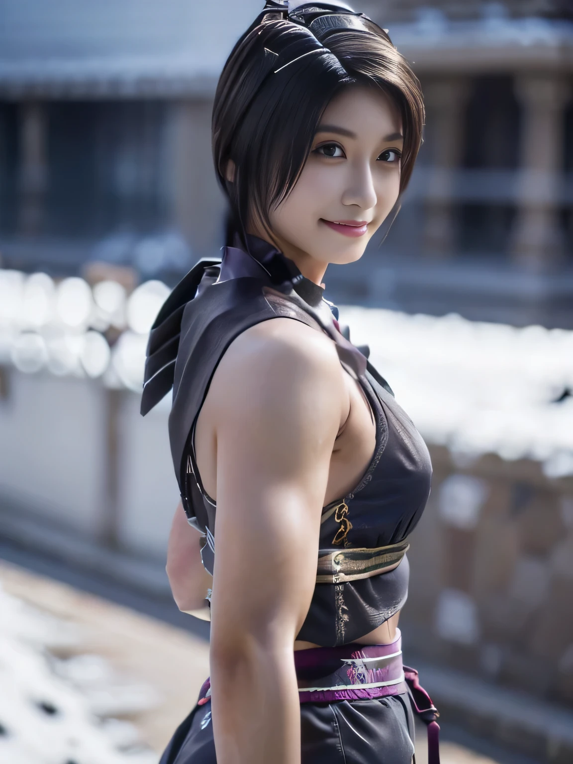 20 year old Japanese beauty,One woman、Muscular body like a bodybuilder、Emphasize the breasts、He wears a headband on his head、Slit eyes、A head-to-toe view,Bust is very very large、The background is a snowy country、High quality photos、Clear, crisp images of the lower body、Masterpiece 8k、Smiling、Is doing a high kick、From the front, from the side, from the back, etc.々from what camera angle to shoot、Light blue ninja costume