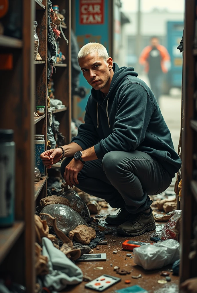 Eminem cleaning a closet outside a car wash