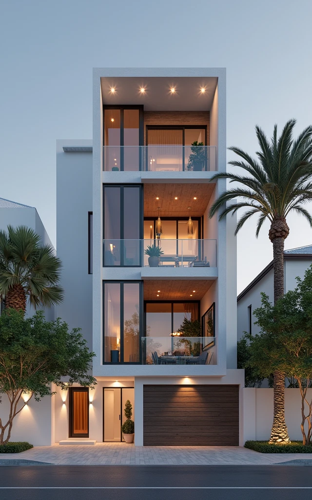 maison de ville moderne sur rue, (sun set), arbre tropical, couleur vive, paysages de rue, white tone, white wall, Large glass door, (Warm interior lighting:1.2), wood and marble, best quality, 18ArchiAI_VL-v1
