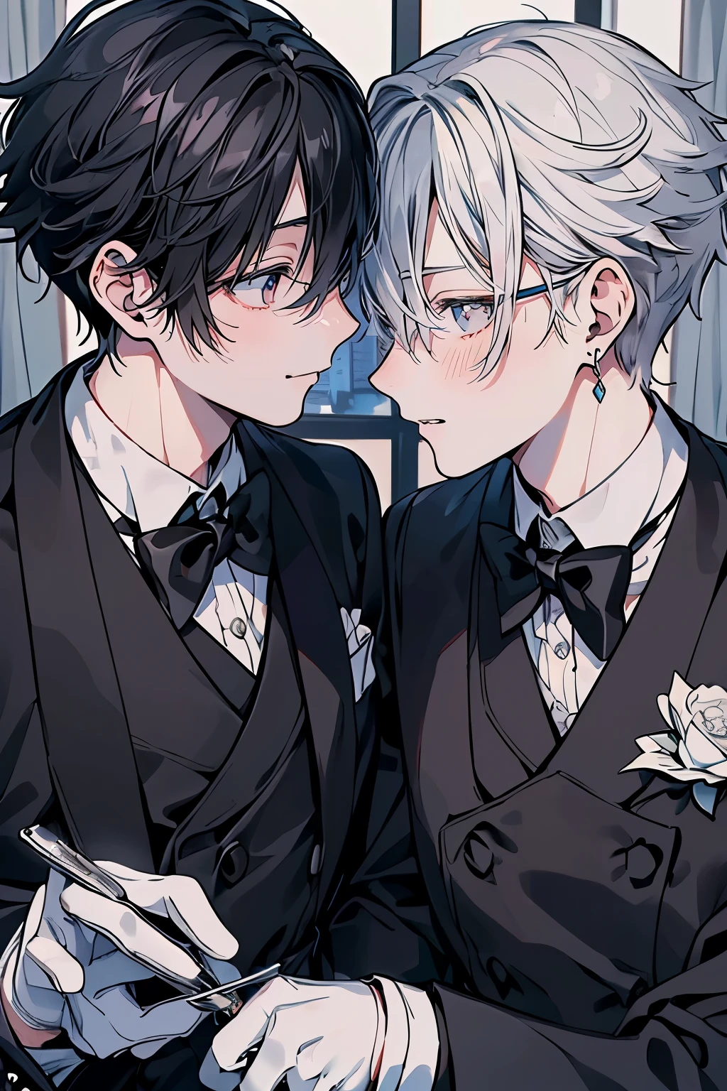 (Mastepiece)、(Best Quality)、Very detailed、((Two intimate butlers:1.5))、Perfect Face、Beautiful Face、Very detailedな顔、(Black-haired man:1.3)、(Grey-haired man:1.3)、Black butler uniform、Glasses、(White gloves:1.3)、Smiling face