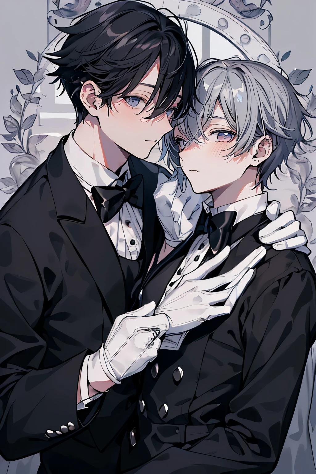 (Mastepiece)、(Best Quality)、Very detailed、((Two intimate butlers:1.5))、Perfect Face、Beautiful Face、Very detailedな顔、(Black-haired man:1.3)、(Grey-haired man:1.3)、Black butler uniform、Glasses、(White gloves:1.3)、Smiling face