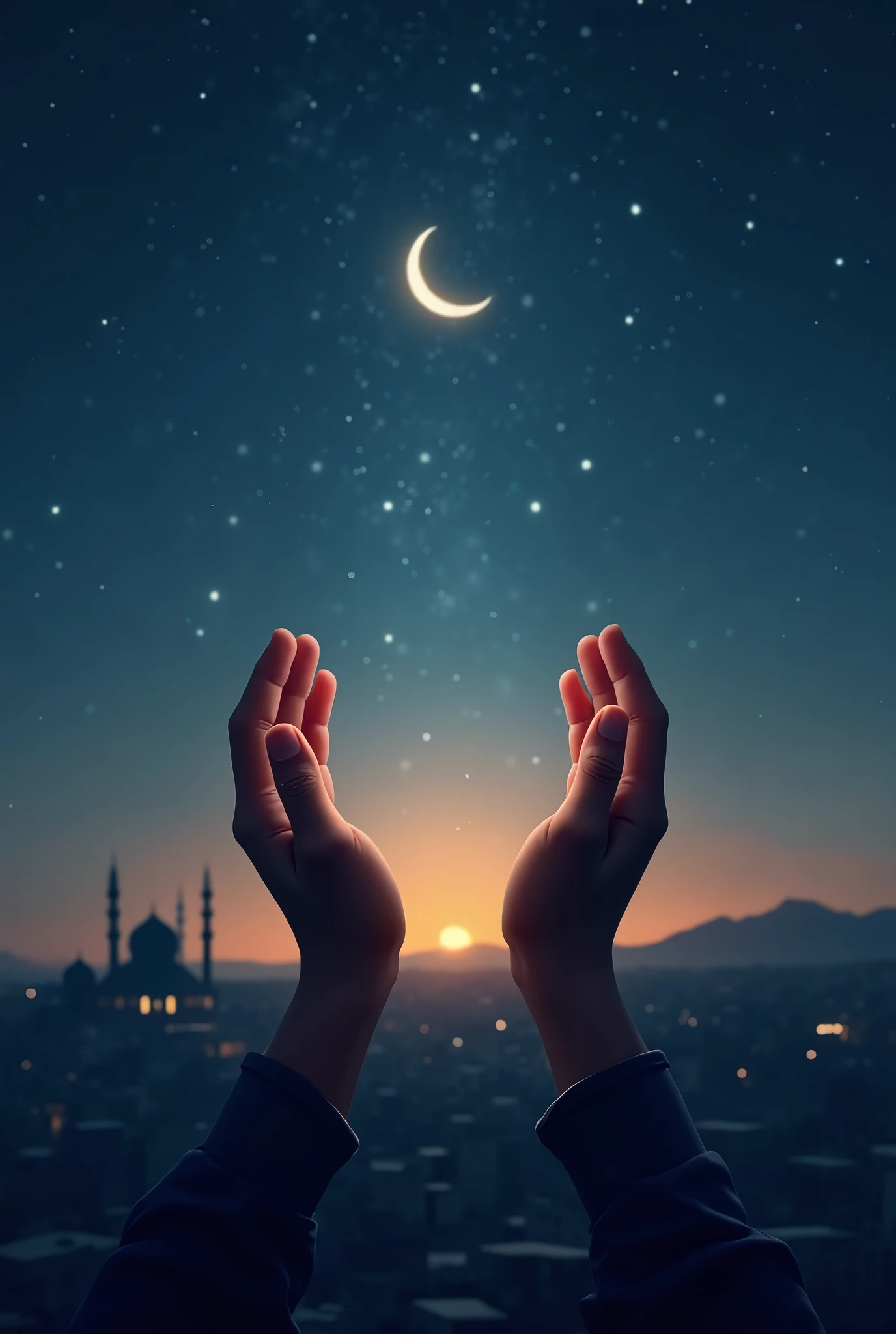 Hands raised in dua against the night sky, with Madinah's city silhouette visible below