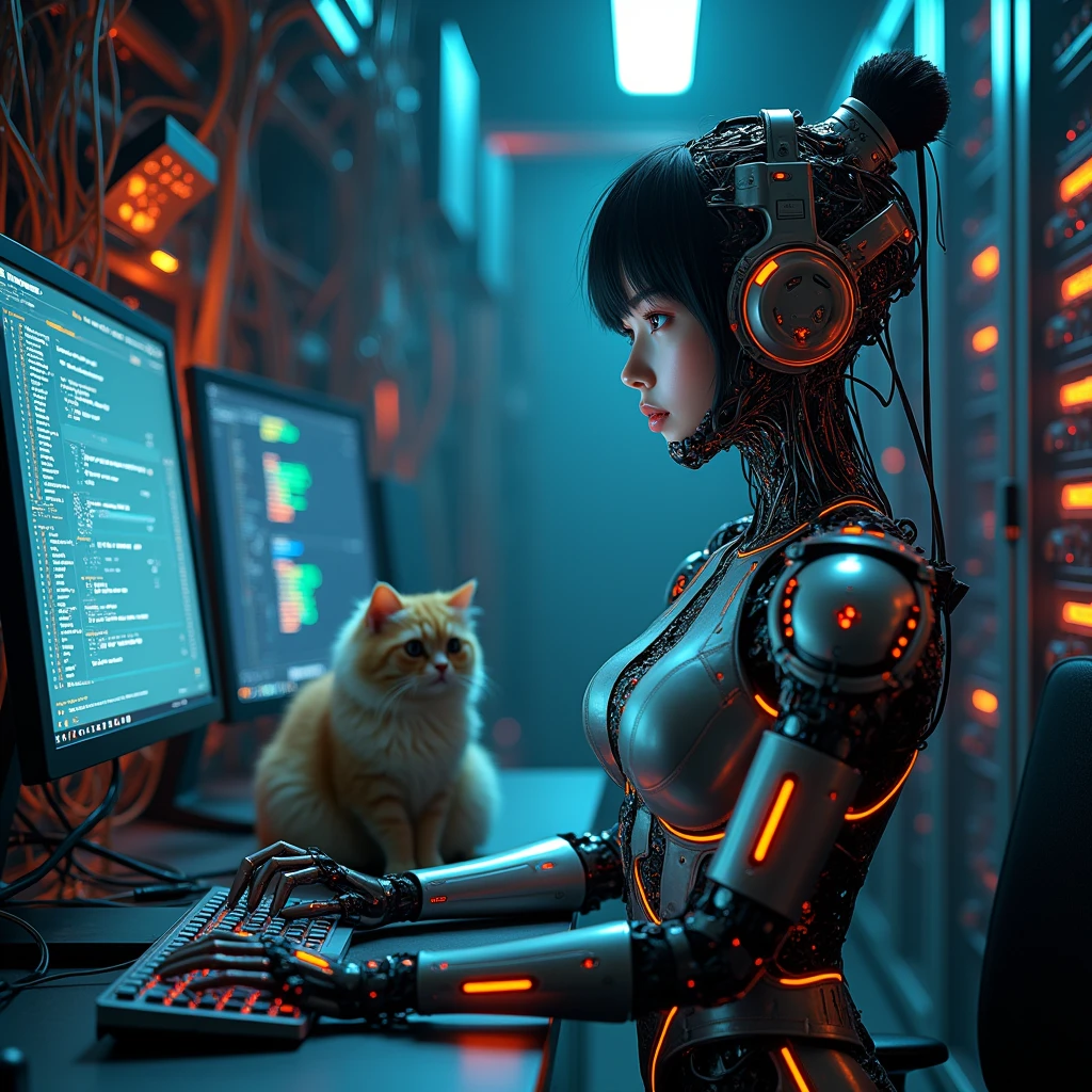 photo-realistic, dramatic scene, cinematic scene, masterpiece, (extremely beautiful Japanese boyish girl but cyborg), the strongest army soldier but cyborg of network server engineer, (face focus:1.5), (dynamic angle:1), sitting at the monitoring console, monitoring a network status at cyber punk server room, a huge amount of cables are connected from her mechanical body with head to the servers, a large amount of complex server cables are in the room, professional light, spot light, (extremely intricated with extremely complex cyber punk mecha armored head gear:1.3), (wearing a form fitting cyber punk mecha armored mecha-suits with bright cyber punk LED marker:1.5), She has a cute cat in the server room
