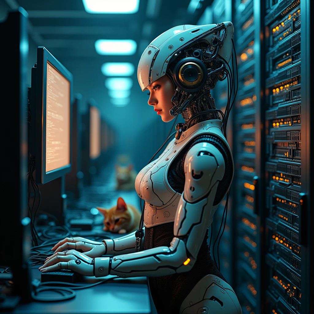 photo-realistic, dramatic scene, cinematic scene, masterpiece, (extremely beautiful Japanese boyish girl but cyborg), the strongest army soldier but cyborg of network server engineer, (face focus:1.5), (dynamic angle:1), sitting at the monitoring console, monitoring a network status at cyber punk server room, a huge amount of cables are connected from her mechanical body with head to the servers, a large amount of complex server cables are in the room, professional light, spot light, (extremely intricated with extremely complex cyber punk mecha armored head gear:1.3), (wearing a form fitting cyber punk mecha armored mecha-suits with bright cyber punk LED marker:1.5), She has a cute cat in the server room