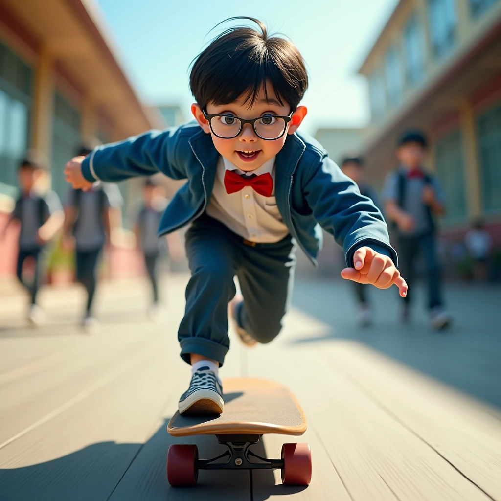 Boy　Looks like a child　Asian　School　Primary school students　Blue jacket　Red bow tie　Glasses　Detailed clothing　skateboard　Dynamic Angle　Sprint　Action Shots　Mach Speed