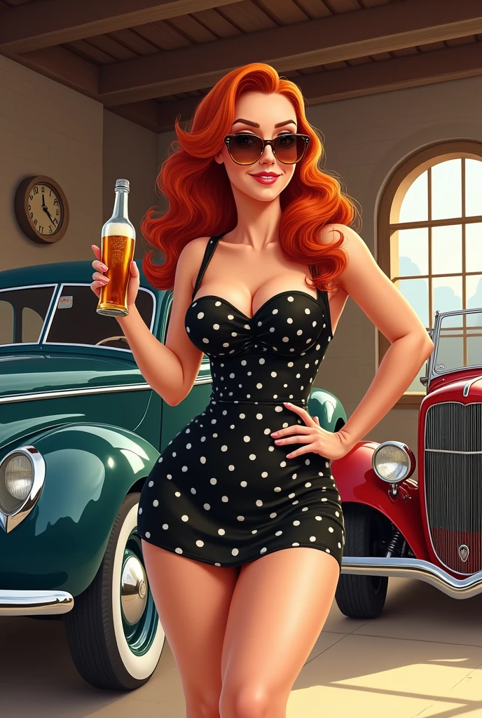 Drawing of a plus size redhead pin-up girl with long curly hair, with round sunglasses and tortoiseshell frames, smiling seductively while holding a bottle of cold beer in her right hand, with the left hand resting on the hip. She is wearing a short black and white polka dot dress, with a sweetheart neckline and a skirt that hugs her curves, showing a little leg. It stands in a classic garage with brick walls and wooden windows., with two Ford cars of the time behind her, a 40 Ford Coupe and a 32 Ford Roadster, both with shiny chrome and white tires. Sunlight enters through the garage windows, creating a warm and relaxed atmosphere, with shadows and reflections that highlight the details of the scene, including the details of the cars and the texture of the girl's dress."