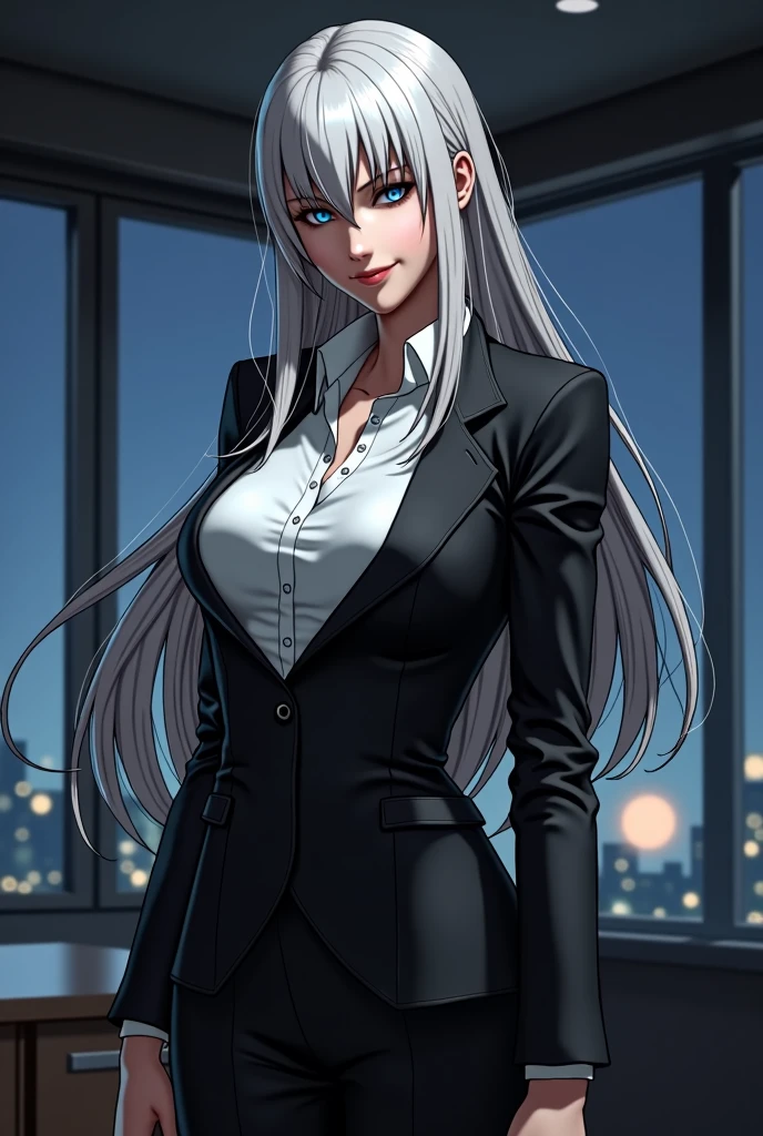 Create a realistic, photorealistic image of Mature from "The King of Fighters." She is depicted as a tall, elegant woman with long, silver hair cascading down her back. Her eyes are piercing blue, and her skin is pale and flawless. She is dressed in a sleek, form-fitting black business suit with a white shirt, exuding a sense of power and professionalism. Her expression is cold, with a slight smirk that hints at her confident and dangerous nature. The background should be a modern, dimly lit office with a view of a nighttime cityscape through large windows. The lighting is dramatic, with shadows enhancing her sharp, striking features.