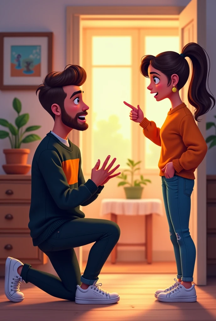 A man kneeling in a black and orange sweater and white sneakers. A woman in an orange shirt is pointing her finger at a man. It is a beautiful and cool 4K cartoon image in the house.