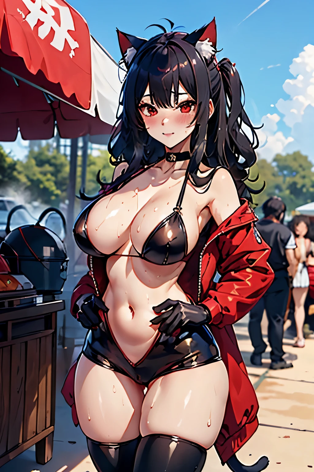 (junkotvv black hair, cat ears, red eyes), masterpiece, Best Quality, High resolution, Alone, neckline, choker, huge breasts, unzipping, fully closed, red open jumpsuit, gloves, belly button, Wide hips, thigh gap, thick, standing, outdoor, Speedway, moto, ((scorching sun)), sweat, heat, blush, opening the suit to cool down, steaming body, busting out massive neckline, (without bra)