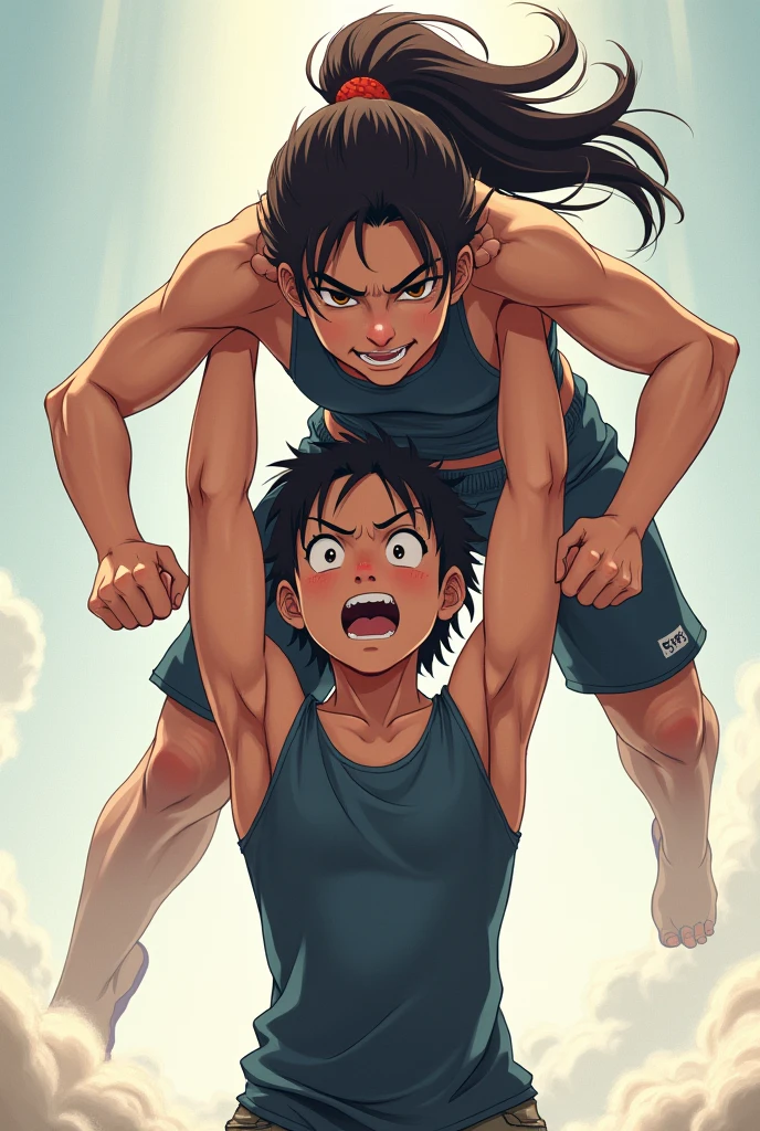 struggle, girl vs man,anime art, The girl lifted and held the man above her head, the girl won