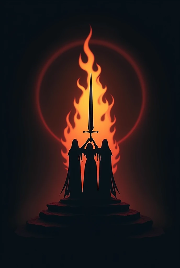a logo icon of three souls holding sword of dignity with eternal flame silhouette 

