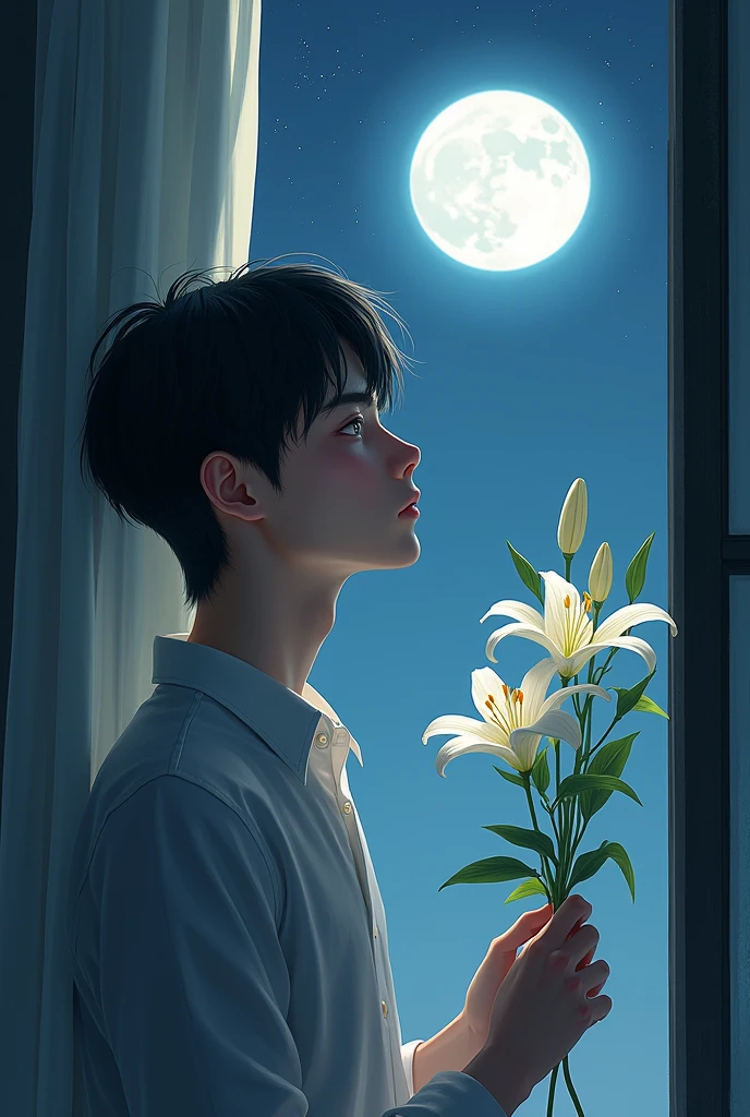 A young man is holding a branch of lily. He has black hair and gray eyes. He is looking at the moon through the window.