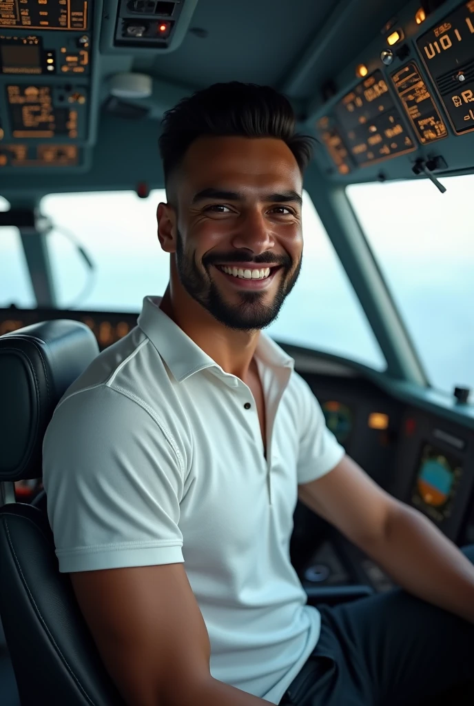 (photorealism:1.2), handsome tanned man, black hair, short beard, smiling, sexy brazilian, slim, , Photorealistic, 8k, highly detailed, cinematic lighting, vivid colors, in airbus cockpit, white polo shirt and black pants