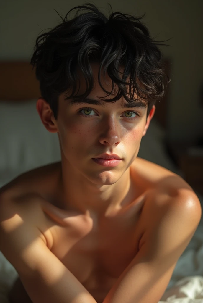 A handsome boy ,high ,short black hair and green eyes ,In underwear