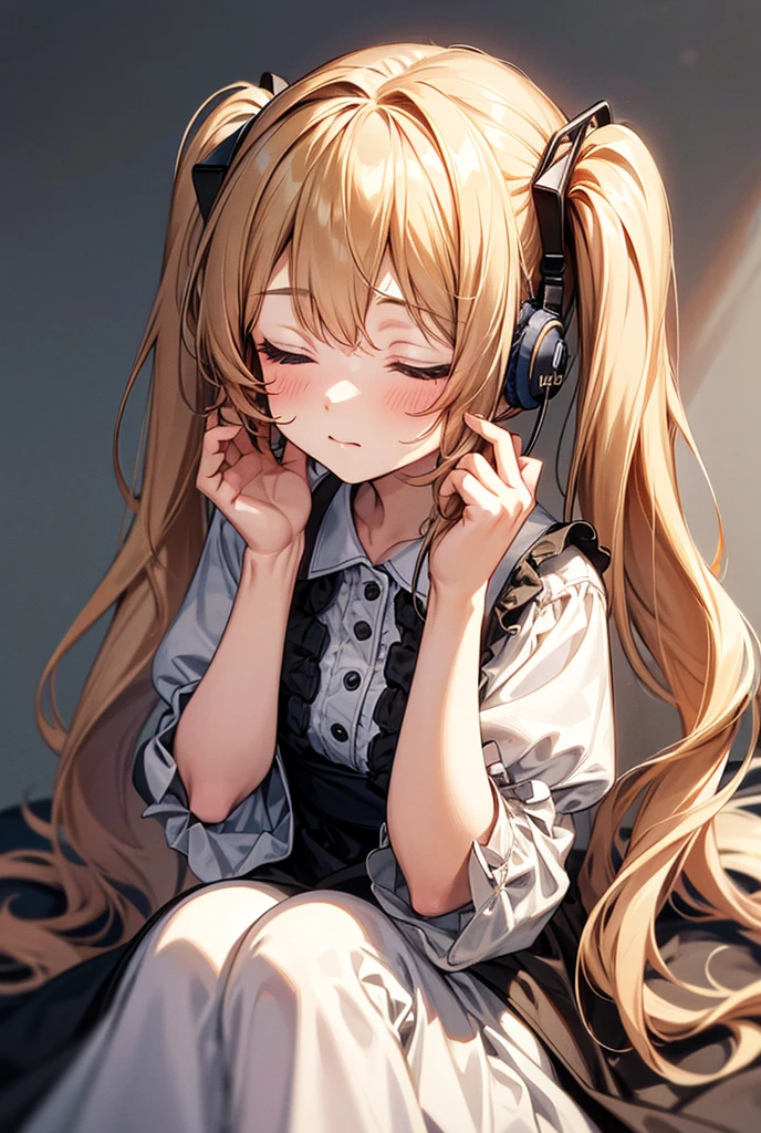 One person, solo, High resolution, Long Hair, Simple Background, Close your mouth, Closed eyes, Impressionism, masterpiece, headphone、Are sleeping、
Twin tails, 