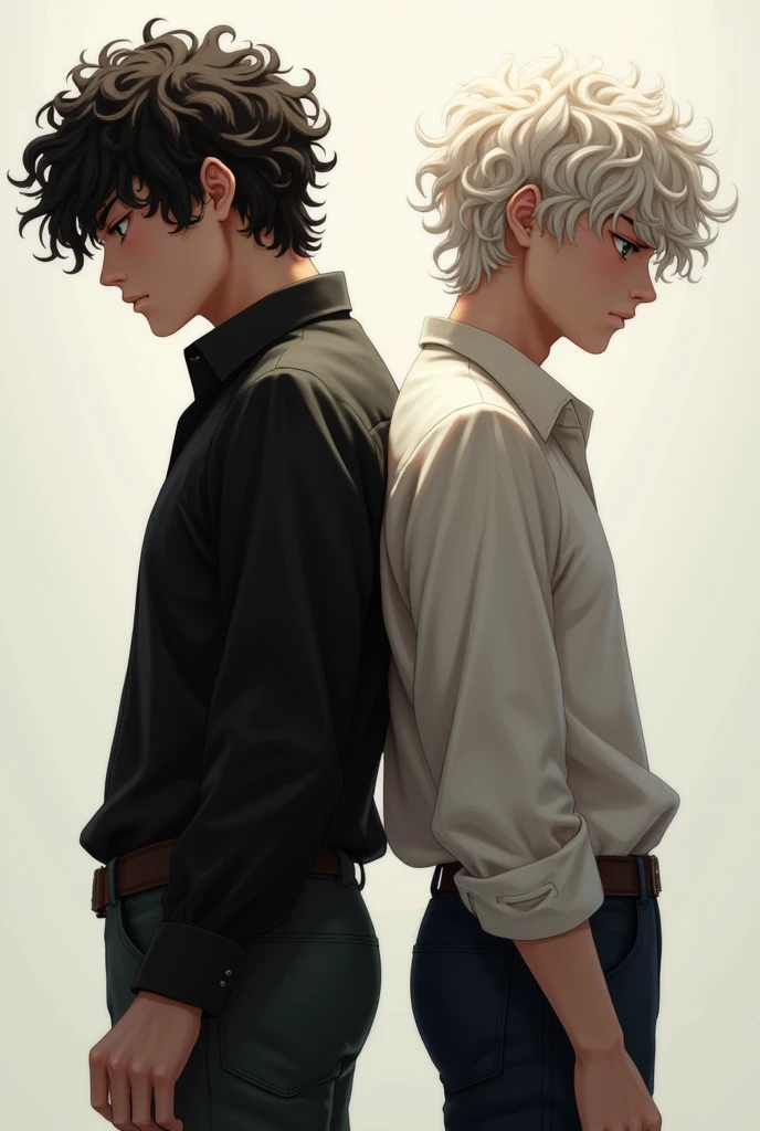 Create two brothers, one dark and curly and the other a little white with wavy hair, both will be with their arms crossed and their backs to each other.