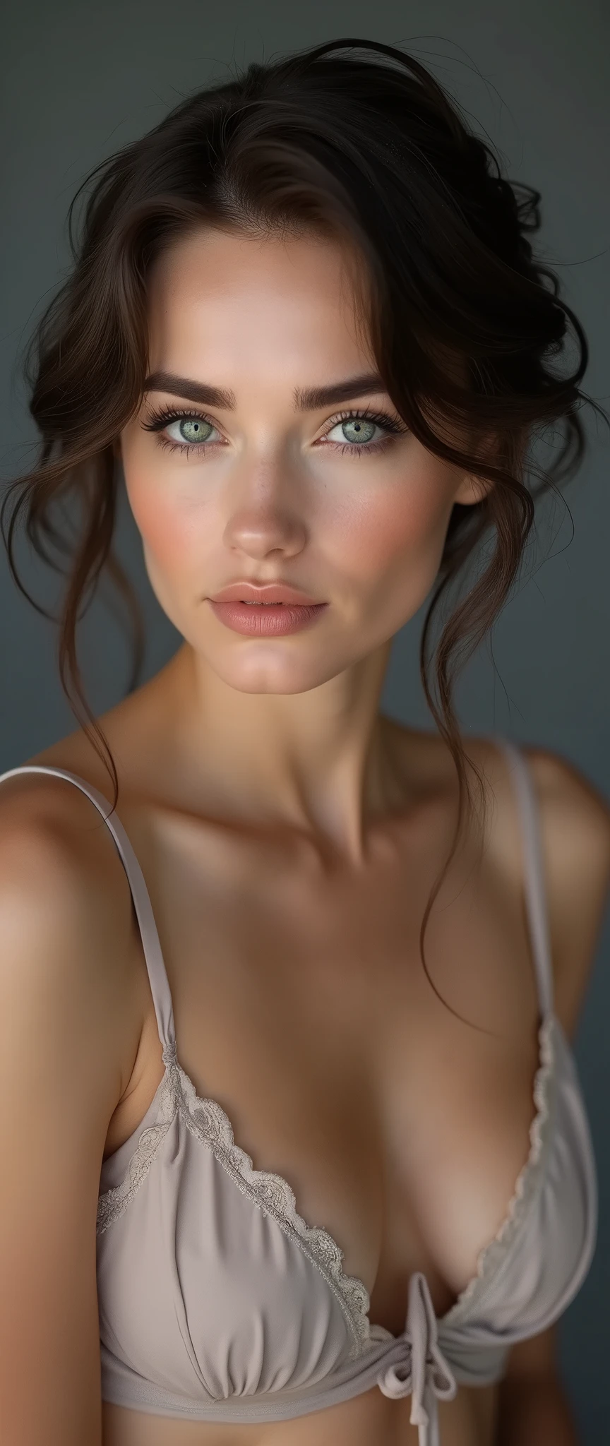 8K uhd、RAWphotograph、model photo shoot、Russian Race, European race, (masterpiece, Highest quality, Photorealistic, High resolution, photograph: 1.3), Close-up, Focusing, Hot Model, slim、 30 year old mature woman, Small face, Short Hair, dark brown hair, Fine beautiful eyes, Realスキン, (perfect body), Sexy Face, Erotic,sexual gaze, Fine eyes, Glossy lips, Small breasts, 、Bust B cup、((Bright light、Dynamic lighting、Real、超Real、 realism、Realなディテール⦆、Cool beauty、Cool pose、Background gray、Plain grey background