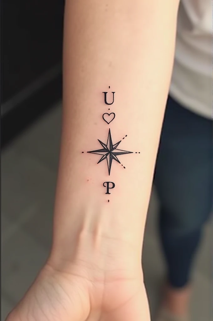 U and P Letter Tatto on wrist with direction Compas and Heart 