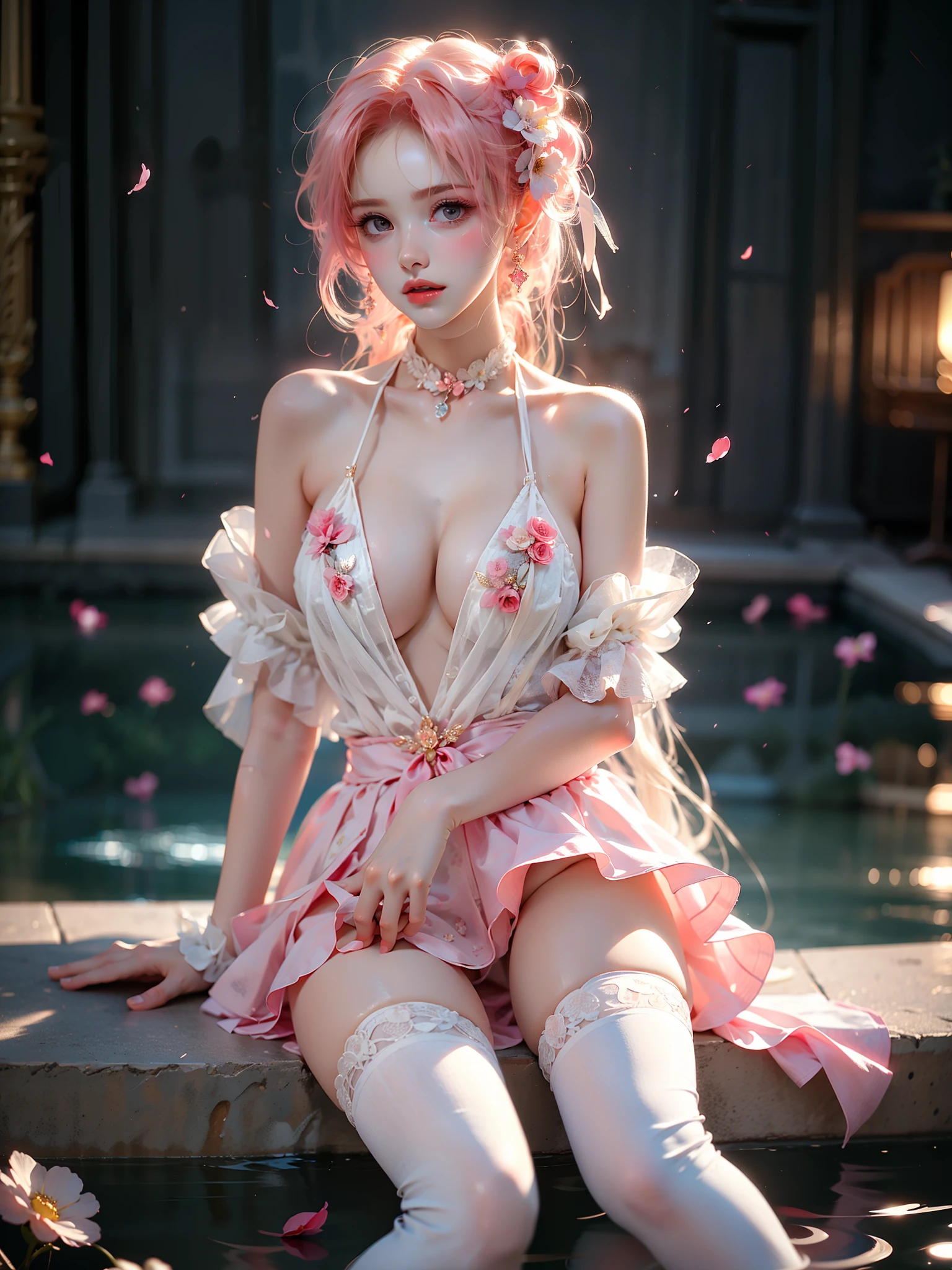 ruanyi0194-1,slingshot swimsuit,white thighhighs,hair ornament,((Girl lying in the pool))、((night,moonlight)),She gently lifted her skirt with one hand,Make gentle and playful gestures,((Lots of flowers瓣)), Lots of flowers,Petals scattered all over the ground,Cherry tree,Petals are flying all over the sky,Beautiful and charming woman, Elegantly, Her plump breasts are fully exposed.,Visible cleavage,The skirt is short,Natural legs,Sexy legs,Legs in a natural position,Shapely legs,Legs in natural light,Smooth skin,Slender and lovely beauty, Eyes sparkling,Her skin is flawless。Her curves are highlighted。Shine in the light,The color is pastel,She lay confidently,Elegant posture。Elegant heels,The atmosphere of the whole photo is peaceful and positive,Emphasis on natural beauty and elegance, Studio Lighting,Vibrant colors, Cute girl, sweet smile, Exquisite makeup,Shy,blush,open mouth,Heavy breathing,moan,超realism,realism,Movie Lighting,Comfort,Sony FE GM,Retina,masterpiece,precise,Anatomically correct,Textured Skin,Super Detail,High Detail,best quality,Colorful