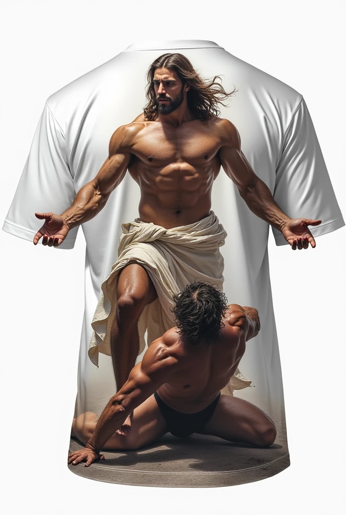 Create a street wear t-shirt design, white t-shirt, with print on the back. The image must be of Jesus destroying Satan, This shirt will be worn at the gym in the oversize size, do a professional job. print on the back

