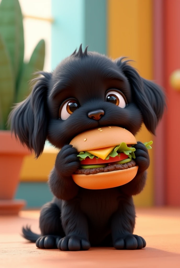 Give me a black shih tzu puppy give him a burger 3D Pixar Style