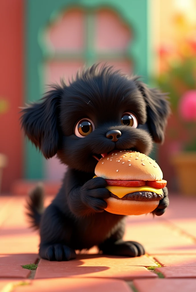Give me a black shih tzu puppy give him a burger 3D Pixar Style