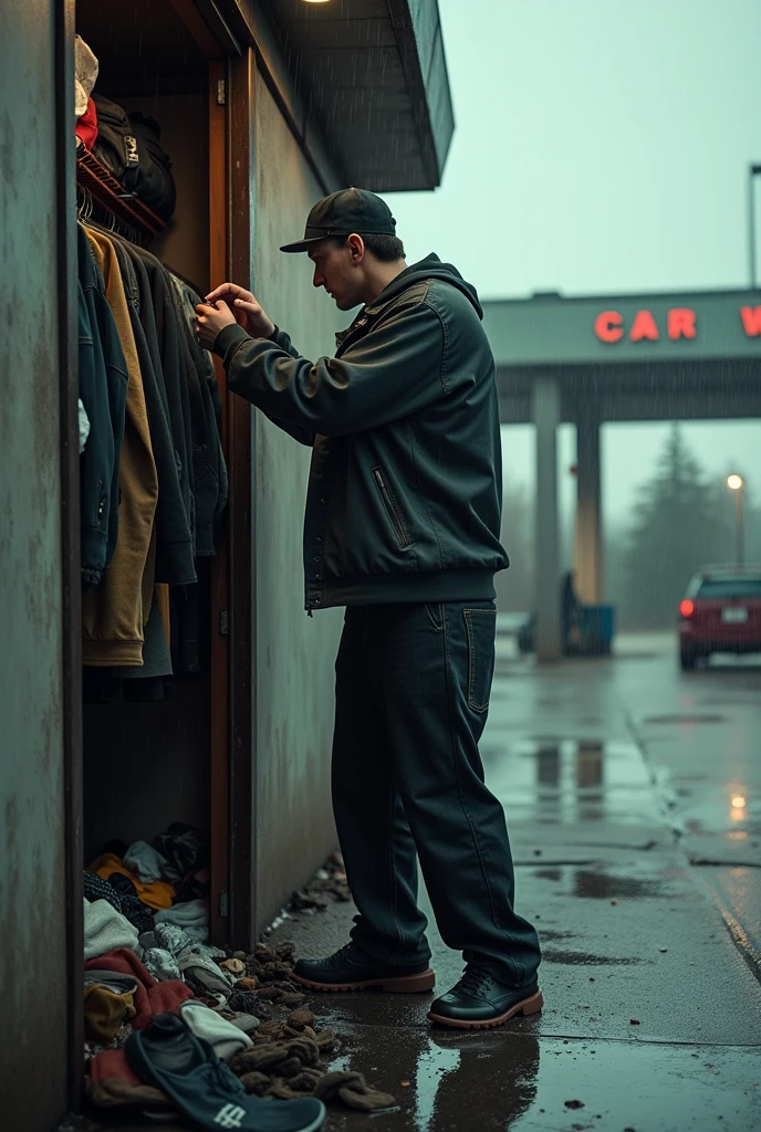 Eminem cleaning a closet outside a car wash, seen from afar and in the rain