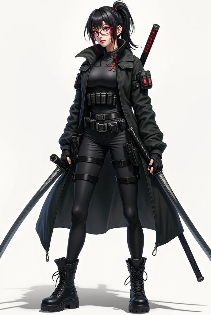 ultra detaild, work of art, best qualityer, standing alone, smug smile,
1 girl, purples eyes, glasses with red frame, (Bblack hair, red colored tips:1.2), hair with red highlights, pretty long hair, side ponytail, tied up hair, medium breasts,
coat on shoulders, pantss jeans, rolled up sleeves, gloves fingerless, coldre, waist belt, multiple waist belts, combat boots, bulletproof vest, pants, black greatcoat, tactical clothing, 2 Katanas (1 in each hand)