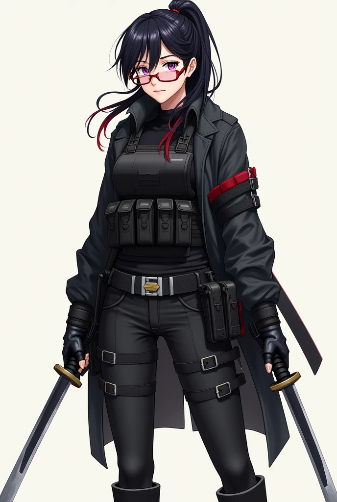 ultra detaild, work of art, best qualityer, standing alone, smug smile,
1 girl, purples eyes, glasses with red frame, (Bblack hair, red colored tips:1.2), hair with red highlights, pretty long hair, side ponytail, tied up hair, medium breasts,
coat on shoulders, pantss jeans, rolled up sleeves, gloves fingerless, coldre, waist belt, multiple waist belts, combat boots, bulletproof vest, pants, black greatcoat, tactical clothing, 2 Katanas  (1 in each hand)