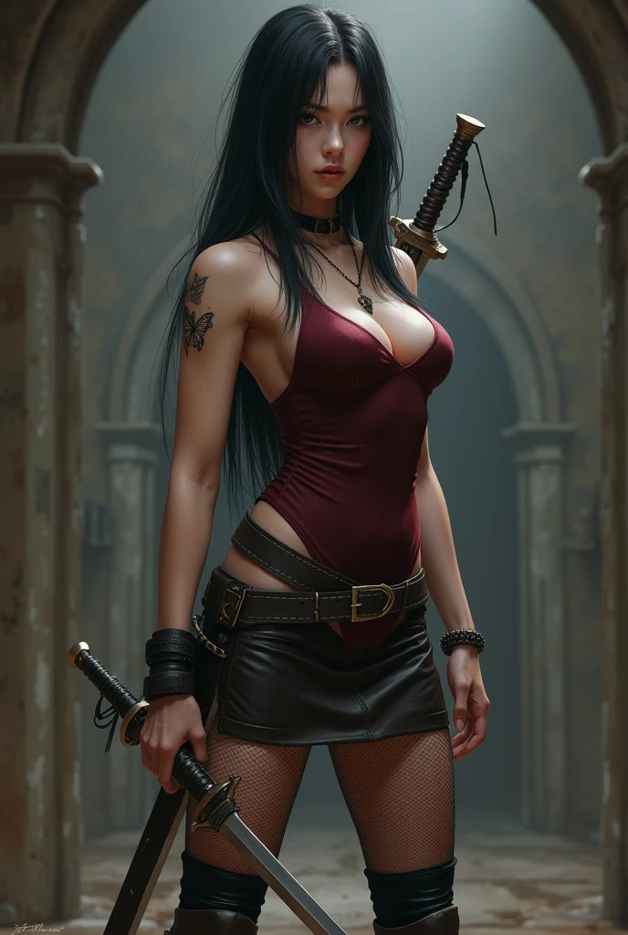 a female character in her 20s with long, straight, non-curly black hair, no bangs, pale skin, and steely black eyes, exuding a calm, dynamic posture, one leg bent while holding a long sword across her body, wearing a rather thin, high-necked dark red tank top that reaches down to her hips, a very short black leather skirt, fishnet stockings on her left leg, black thigh-high stockings on her right leg, brown high boots, a small butterfly tattoo on her right shoulder, a black bracelet on her left hand