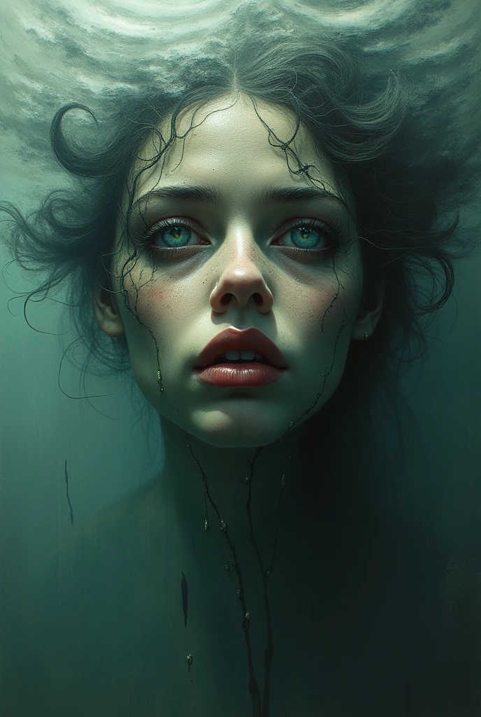 A portrait of a distorted and fragmented face, reflété dans une eau trouble. Les yeux sont vides et perdus. around, des ombres sinueuses suggèrent un monde intérieur tourmenté. Style : Surrealism. Ambiance : distressing, introspective