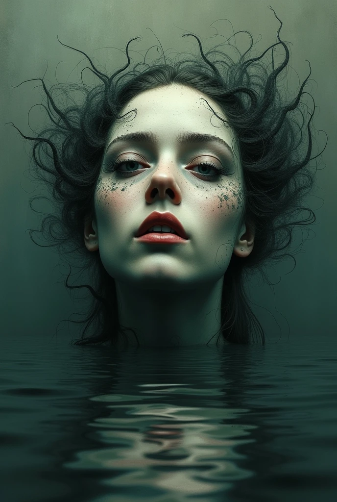 A portrait of a distorted and fragmented face, reflété dans une eau trouble. Les yeux sont vides et perdus. around, des ombres sinueuses suggèrent un monde intérieur tourmenté. Style : Surrealism. Ambiance : distressing, introspective
