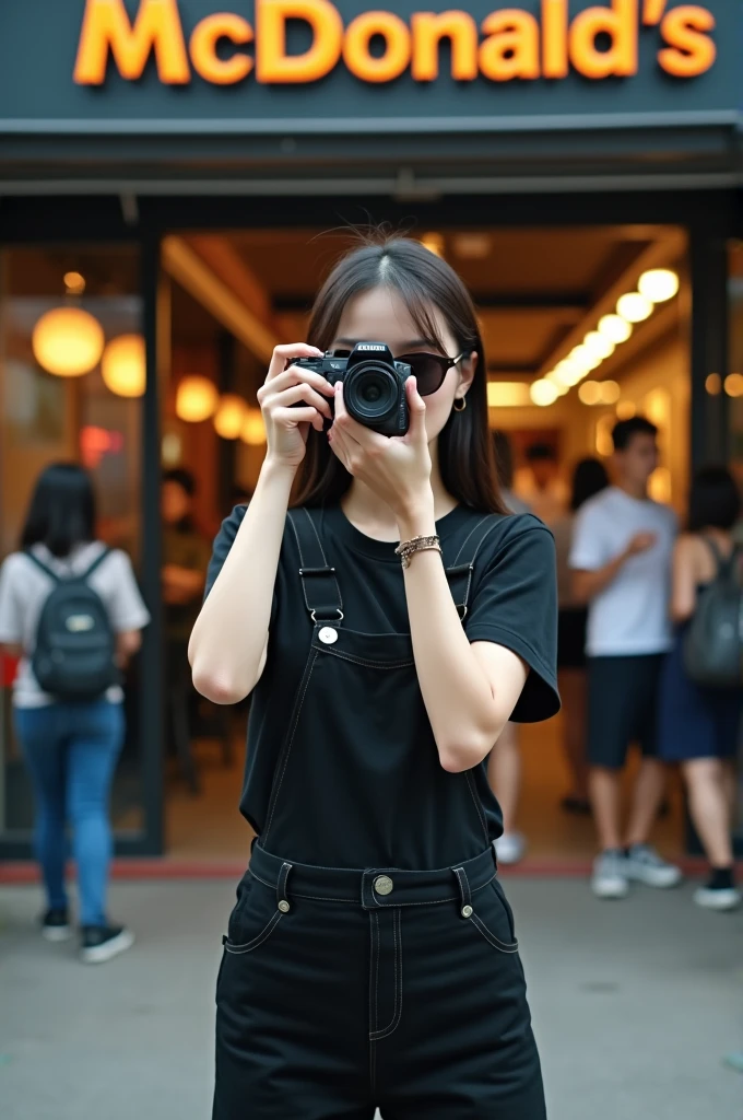 The full body image of a Korean woman is very beautiful. Wearing a black shirt, dark glasses, black overalls, holding a camera and taking pictures of people walking into a hamburger shop in McDonald's, Tha Phae Gate branch, Chiang Mai, Thailand.
