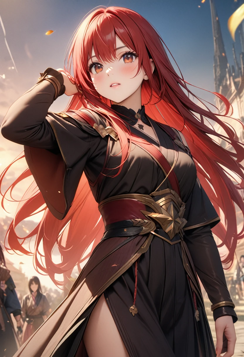 (Highest quality、4K、8k、High resolution、masterpiece:1.2)、Very detailed、Picturesque、Animated Photography、Photo Animation:1.37)、Fantasy、Warrior、Japanese women、red hair、long hair、stars ornament、Nakano May