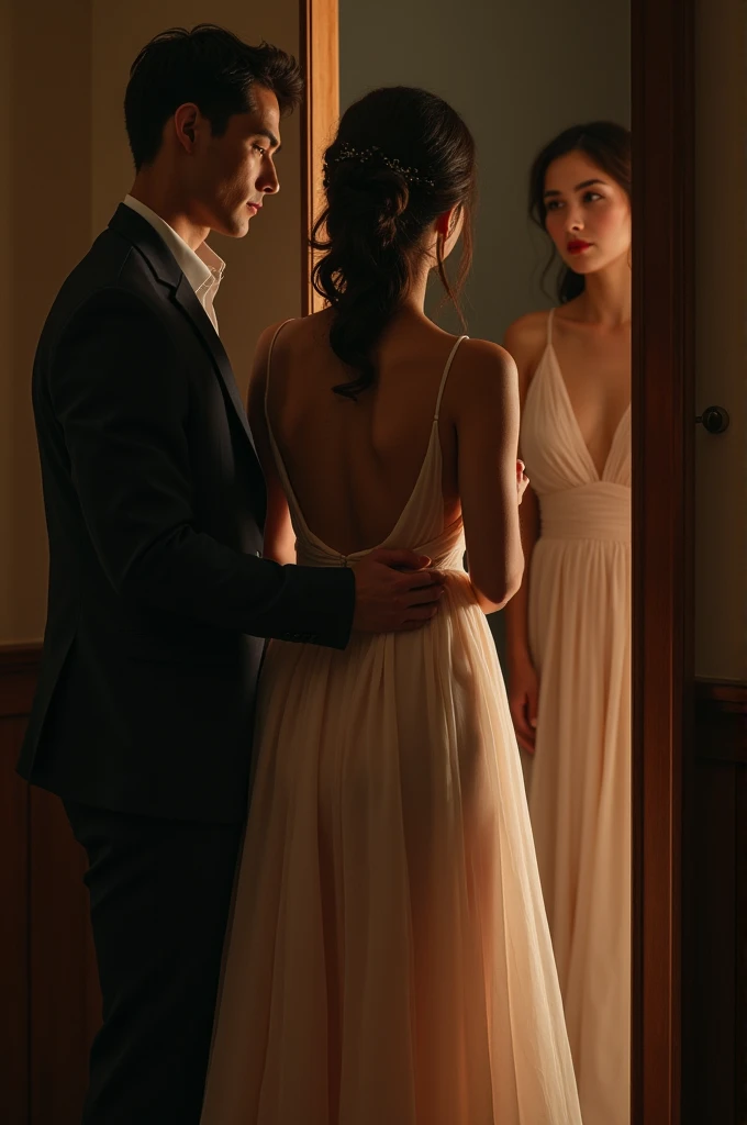 Create a photo of a couple in the mirror, where the man admires his girlfriend, who is wearing a long dress