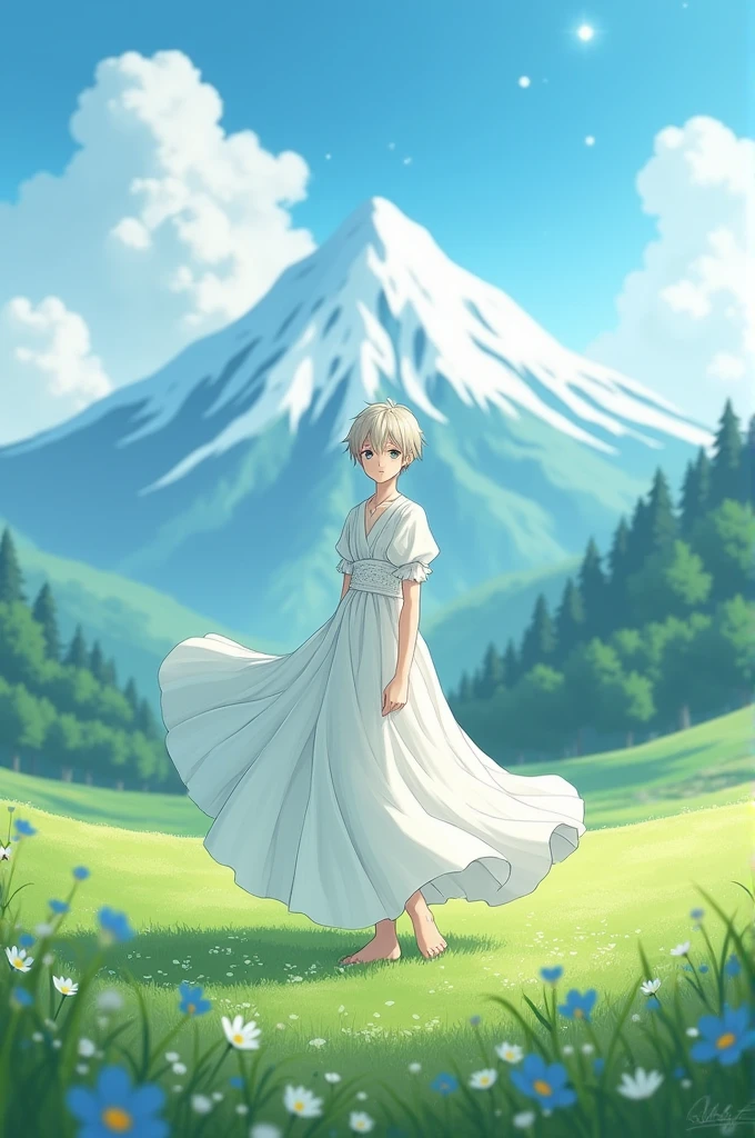  Anime boy in white dress standing in a field with mountains in the background
