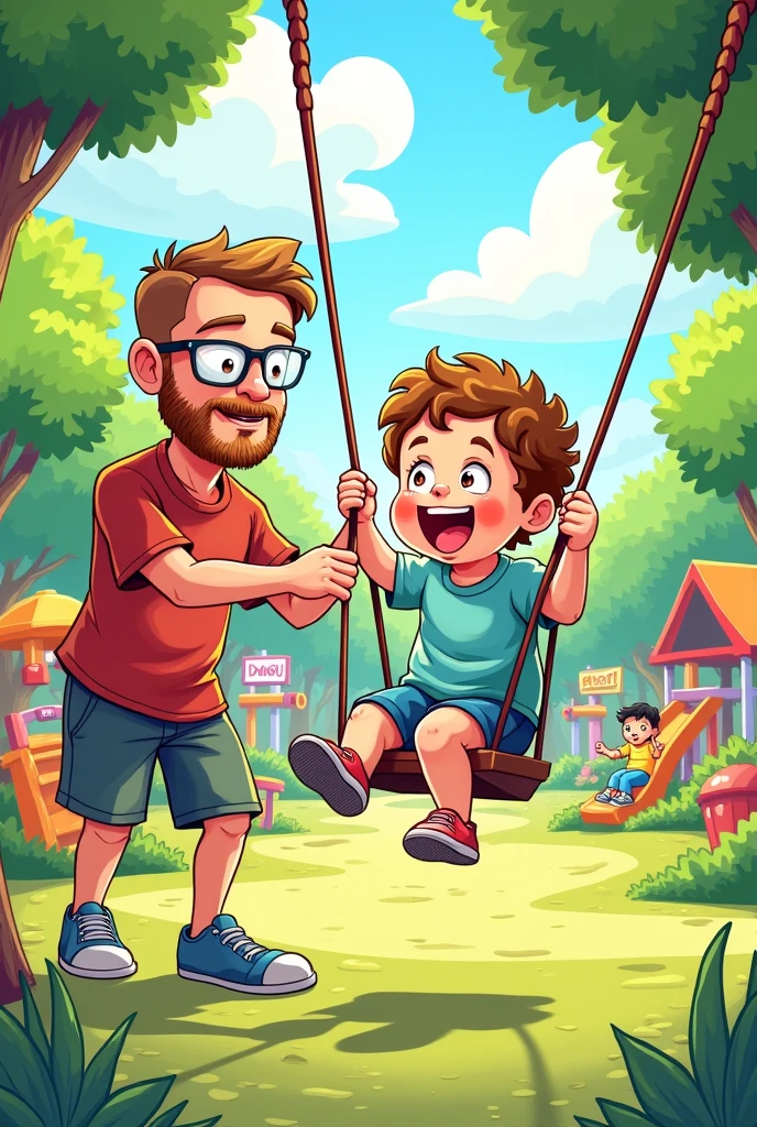 Coloring page of a  baby, short hair, many curls. In a park with lots of games and children. playing on the swing with his dad, shaved head man with short beard and glasses