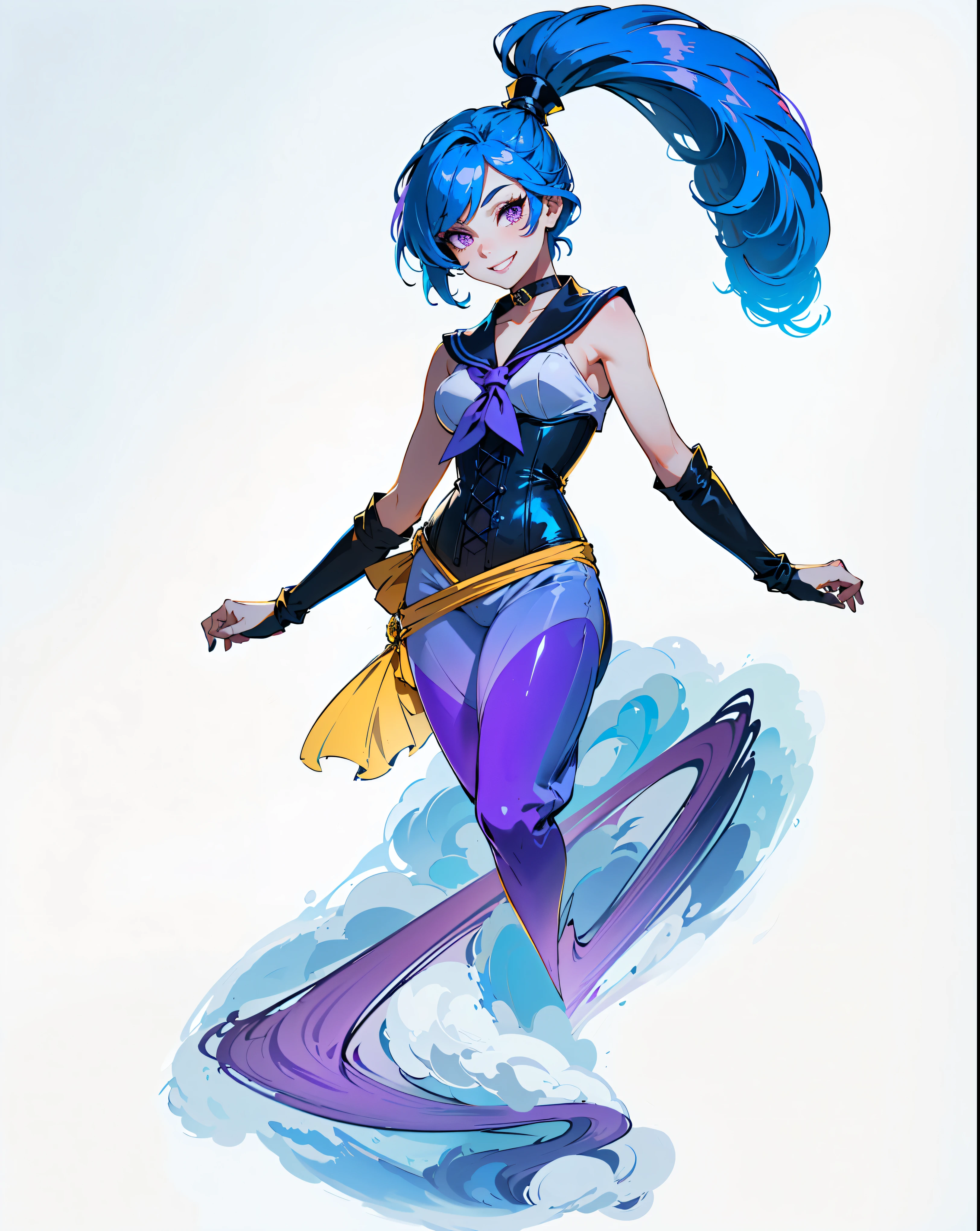 masterpiece, high quality, illustration, extremely detailed, 1_women, genie, (full body), (bright blue hair), long length hair, high ponytail, long hair, cute bangs, flowing hair, (exotic skin_complexion:1.4),mature, tall, genie tail, beautiful, exotic, elegant, slim, (((sailor collar))), sleeveless, choker, medium bust, (corset), yellow sash, purple genie tail, wispy lower half, purple and blue smoke,, magic lamp, black elegant elbow gloves, diamond shaped eyes, (((purple eyes))), dark_eyeliner, long_eyelashes), natural dynamic lighting, smiling, happy, (((winking at viewer))),Arabian knights, blank background,