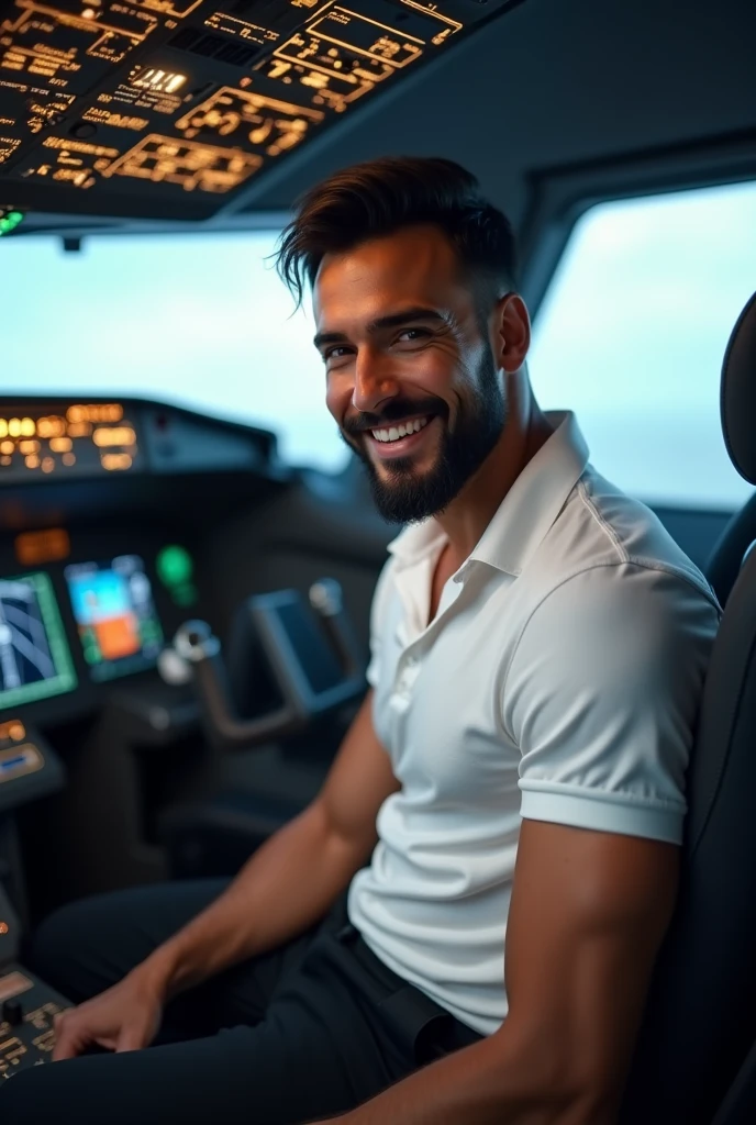 (photorealism:1.2), handsome tanned man, black hair, short beard, smiling, sexy brazilian, slim, , Photorealistic, 8k, highly detailed, cinematic lighting, vivid colors, in airbus cockpit, white polo shirt and black pants