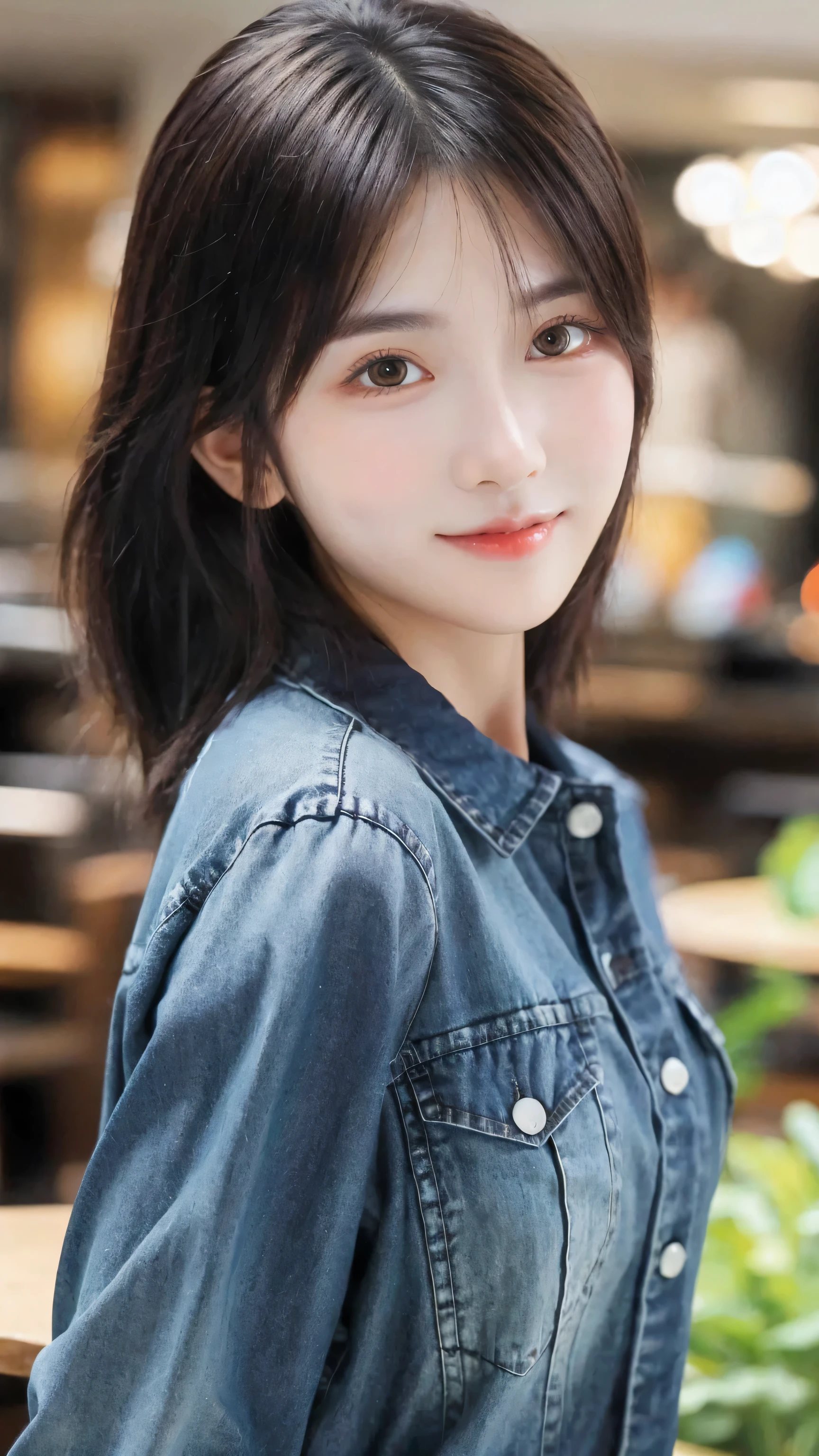 (8k, RAW Photo, Best Quality, Masterpiece:1.2), table top, Ultra Detail, Super Resolution, (Realistic, Realistic Photo:1.37), Portrait, High Detail RAW Color Photo, Professional Photo, Extremely Detailed and Beautiful, Extremely detailed, 8k wallpaper, amazing and detailed, huge file size, official art, highly detailed CG unity 8k wallpaper, highly detailed beautiful girl, highly detailed face, highly detailed eyes, highly detailed skin, highly detailed fingers, highly detailed nose, very detailed detailed mouth , perfect anatomy, highly detailed background, highly detailed clothes, 1girl, 1 girl, cute girl, realistic body, fair skin, glowing skin , slim body, handsome body, black hair , semilong hair, (blunt bangs:1.2), smile, cute, youthful, cute face, realistic face, delicate eyes, drooping eyes, looking at viewer, facing front, standing posture, Contraposto, (medium chest), (Perfect Body Proportions), (slender Body Proportions), super sexy pose, (white shirt), (jeans pants), (authentic bar),