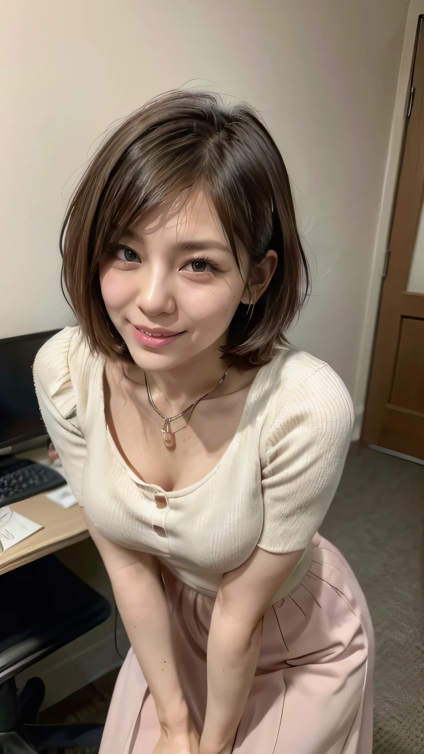 (Woman standing slouched in office:1.3、Working)、(Realistic、Like a photograph、Live Action、8k, Realistic, RAW Photos, Best image quality: 1.4), Single-lens reflex camera、RAW Photos, Highest quality, Realistic, Very detailed CG Unity 8k wallpaper, Written boundary depth, Cinematic Light, Lens flare, Ray Tracing, Realistic background、(Frilled blouse:1.2、(Wearing a tight, long skirt:1.5、Large Breasts)、((Wear a name tag around your neck)))、((Ultra-dense skin))、 Working Japanese Office Lady、((whole body:1.5)),(Squint your eyes and laugh、A big smile、Lol)、(short hair、Shortcuts)、I like that style、stylish、Very detailed、Pay attention to the details、Perfect outfit、(Sunburned skin)、Beautiful legs:1.1,Anatomically correct body、Accurate Fingers、(View from above、View from the front)