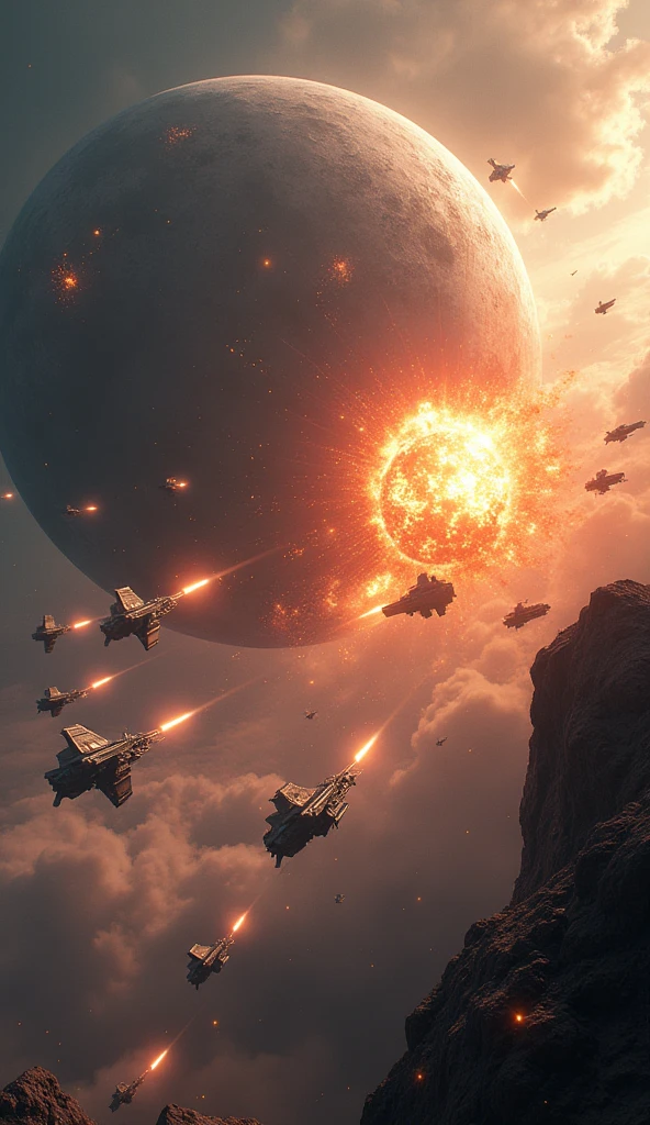 Star Wars, Futuristic sci-fi space battle, very detailed, A magnificent and gigantic satellite planet, Fierce battles, Glowing energy weapon, Powerful Explosion, dramatic lighting, cinematic composition, Change color palette, realist rendering, Intricate mechanical details, Sense of scale and grandeur, (best quality,4K,8k,high resolution,masterpiece:1.2),very detailed,(realist,photorealist,photo-realist:1.37)