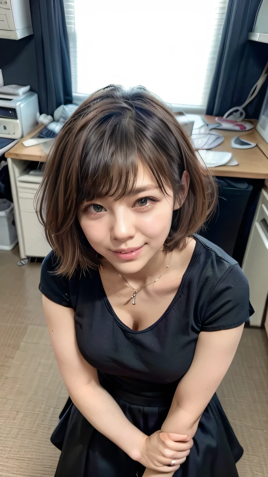 (Woman standing slouched in office:1.3、Working)、(Realistic、Like a photograph、Live Action、8k, Realistic, RAW Photos, Best image quality: 1.4), Single-lens reflex camera、RAW Photos, Highest quality, Realistic, Very detailed CG Unity 8k wallpaper, Written boundary depth, Cinematic Light, Lens flare, Ray Tracing, Realistic background、(Frilled blouse:1.2、(Wearing a tight, long skirt:1.5、Large Breasts)、((Wear a name tag around your neck)))、((Ultra-dense skin))、 Working Japanese Office Lady、((whole body:1.5)),(Squint your eyes and laugh、A big smile、Lol)、(short hair、Shortcuts)、I like that style、stylish、Very detailed、Pay attention to the details、Perfect outfit、(Sunburned skin)、Beautiful legs:1.1,Anatomically correct body、Accurate Fingers、(View from above、View from the front)