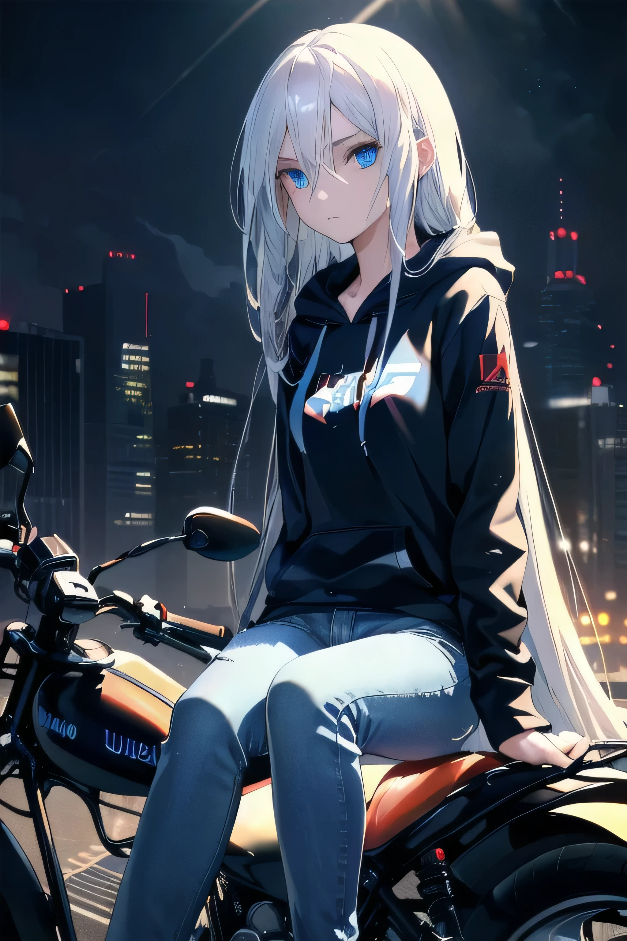 ((masterpiece)), ((best quality)), ((best illustration)), ((ultra-detailed)),((photorealistic color)), 1 lady, solo, teenager, absurdly long hair, white hair, straight hair, ((blue eyes)), ((ultra detailed eyes)), ((ultra detailed face)), gloomy, hoodie, jeans, thin body, thin arms, long arms, urban, night, sitting on motorcycle, backlight