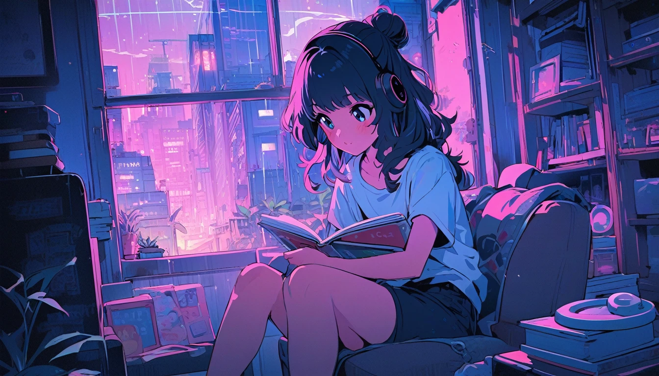 (extremely detailed CG unity 8k wallpaper), (best quality), (best illustration), (best shadow), realistic lighting, beautiful detailed reglow, masterpiece, best quality, lofi artstyle, lofi art, 80s anime style, Retro, Lo-Fi, Lofi Sensation, Portrait of Lofi, Lofi Colors, Lofi Vibes , Lofi atmosphere, Lofi hip hop,
1girl, solo, long hair, shirt, black hair, sitting, white shirt, short sleeves, shorts, indoors, hair bun, book, window, night, single hair bun, plant, t-shirt, building, rain, city, open book, bookshelf, potted plant, cityscape, book stack, wireless headphone