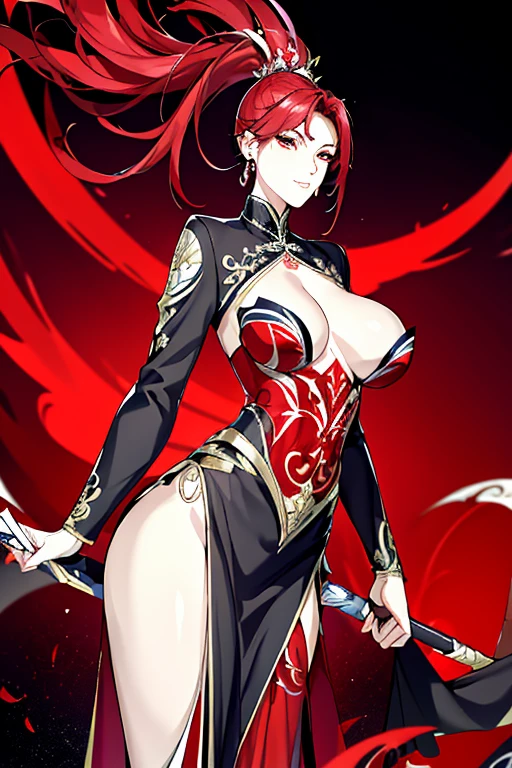 "(abstract art: 1.4), Masterpiece, best quality, Super high resolution, big beautiful breasts, stunning visuals, (1 girl: 1.2), crimson theme, dark red, blood red, halo, look at the viewer, Body, high heels, women, goddess, Dunhuang, Hanfu, red and yellow dress, (Masterpiece, the best quality, best quality, official art, beauty and aesthetics: 1.2), người women trưởng thành quyến rũ, very detailed, (fractal art: 1.1), (one color: 1.1), (flower: 1.3), Most detailed, (zentangle: 1.2), (dynamic posture), (Abstract background: 1.3), (Traditional Chinese Fabric: 1.2), (shiny skin), (colorful: 1.4), (earring: 1.4),small butt, Leggy, small butt, indifferent eyes, realism, dominatrix, feminism, high ponytail, cold and contemptuous, 180cm high" 