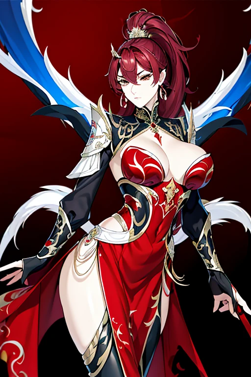 "(abstract art: 1.4), Masterpiece, best quality, Super high resolution, big beautiful breasts, stunning visuals, (1 girl: 1.2), crimson theme, dark red, blood red, halo, look at the viewer, Body, high heels, women, goddess, Dunhuang, Hanfu, red and yellow dress, (Masterpiece, the best quality, best quality, official art, beauty and aesthetics: 1.2), người women trưởng thành quyến rũ, very detailed, (fractal art: 1.1), (one color: 1.1), (flower: 1.3), Most detailed, (zentangle: 1.2), (dynamic posture), (Abstract background: 1.3), (Traditional Chinese Fabric: 1.2), (shiny skin), (colorful: 1.4), (earring: 1.4),small butt, Leggy, small butt, indifferent eyes, realism, dominatrix, feminism, high ponytail, cold and contemptuous, 180cm high"