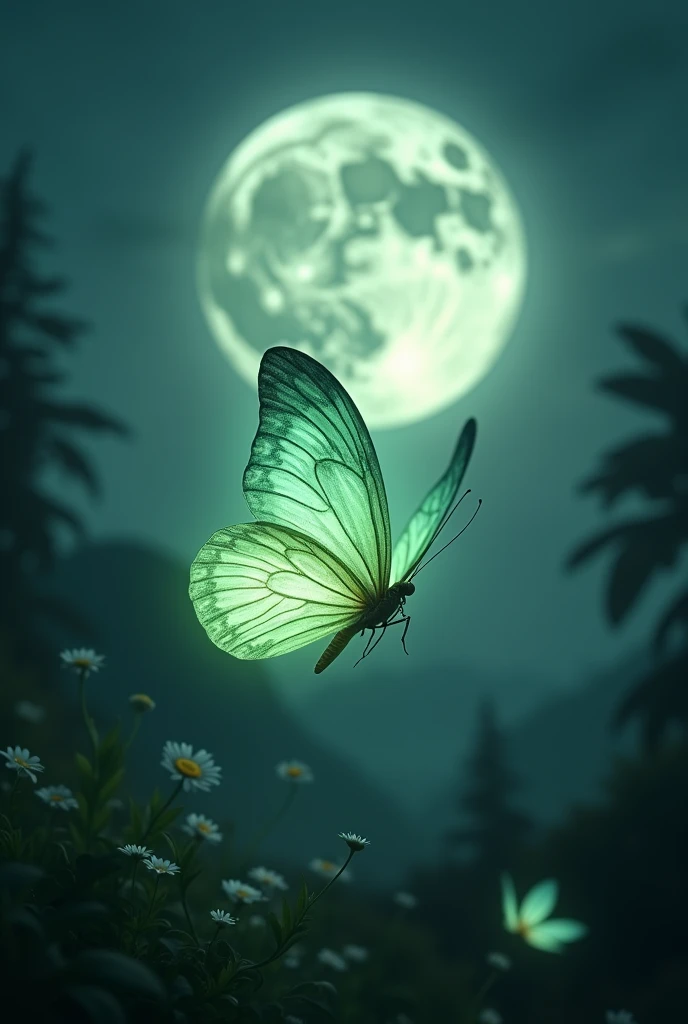 Make a light green glowing butterfly on a full moon night