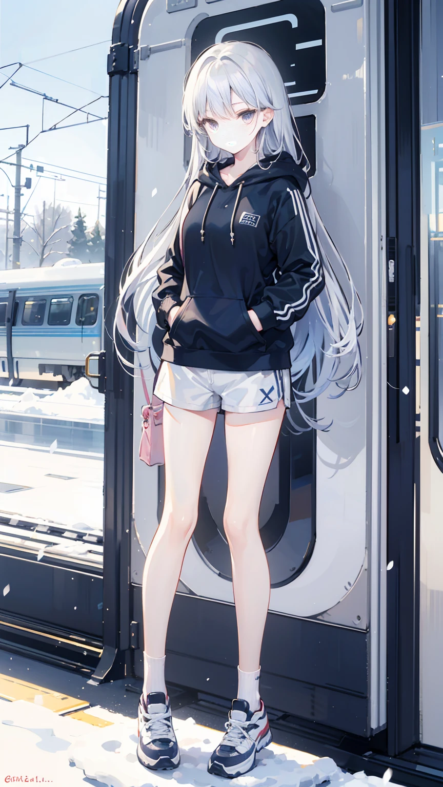 a junior high girl,skinny,long hair,very slim,wearing a hoodie,wearing short pants,baring the whole legs,white short socks,sport shoes,in the snow,beside a train