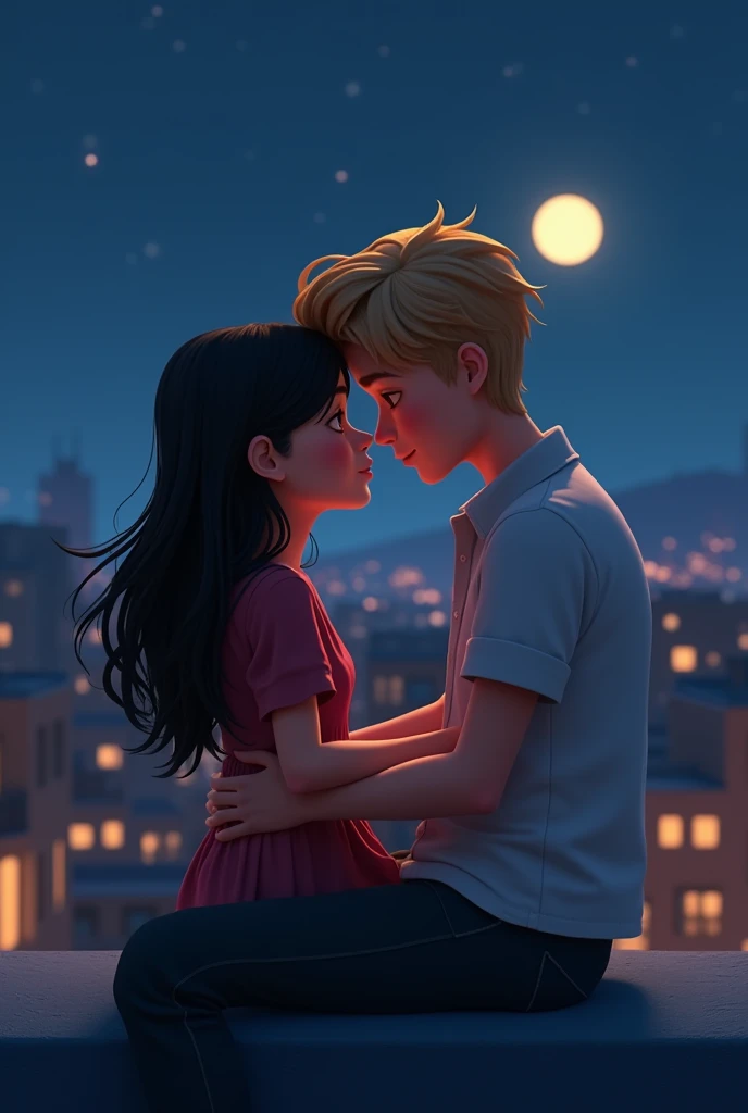 Un fille et garçon s'assoit sur un toit et s'embrasse tendrement en pleine nuit. The girl has black hair and slightly curly bangs and the guy is blond. Le couple est en premier plan bien grand. Version pixar 2d.